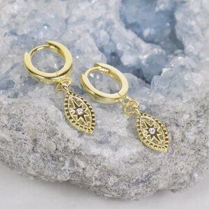 new! 925 sterling starburst gold plated sun evil eye charm huggie earrings